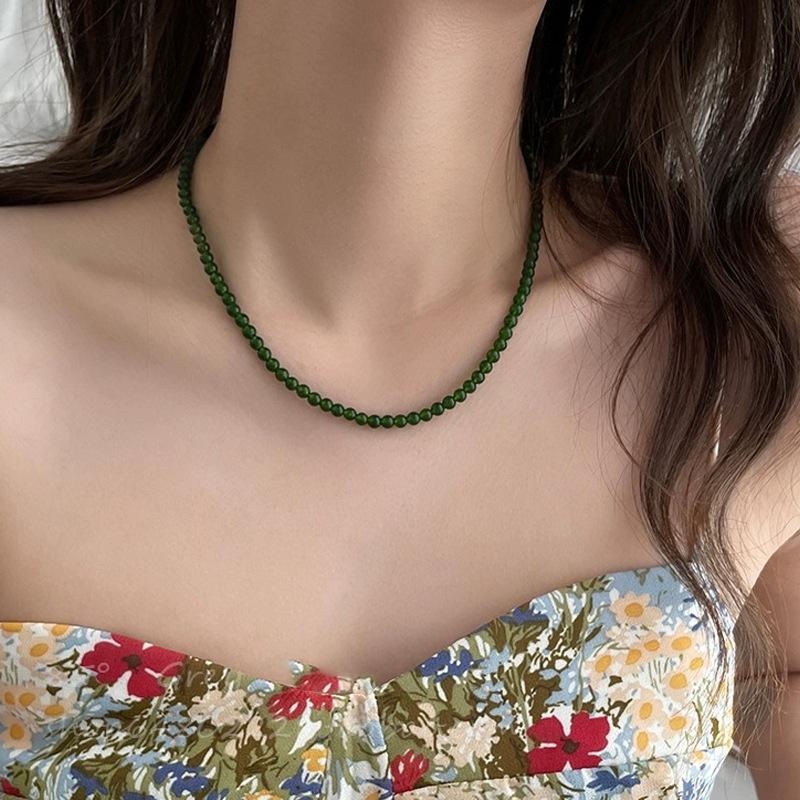 Natural Green Agate Beaded Necklace - Chinese Style Choker for Women