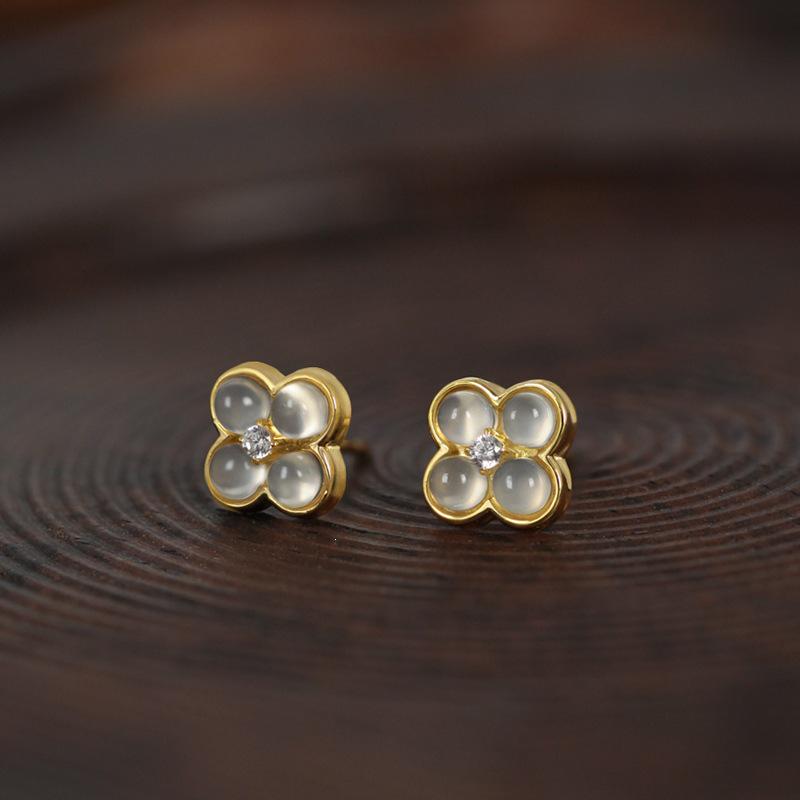 14K Gold-Plated S925 Silver Four-Leaf Clover Jade Earrings - Ancient Chinese Style, Small & Exquisite. 925 Silver