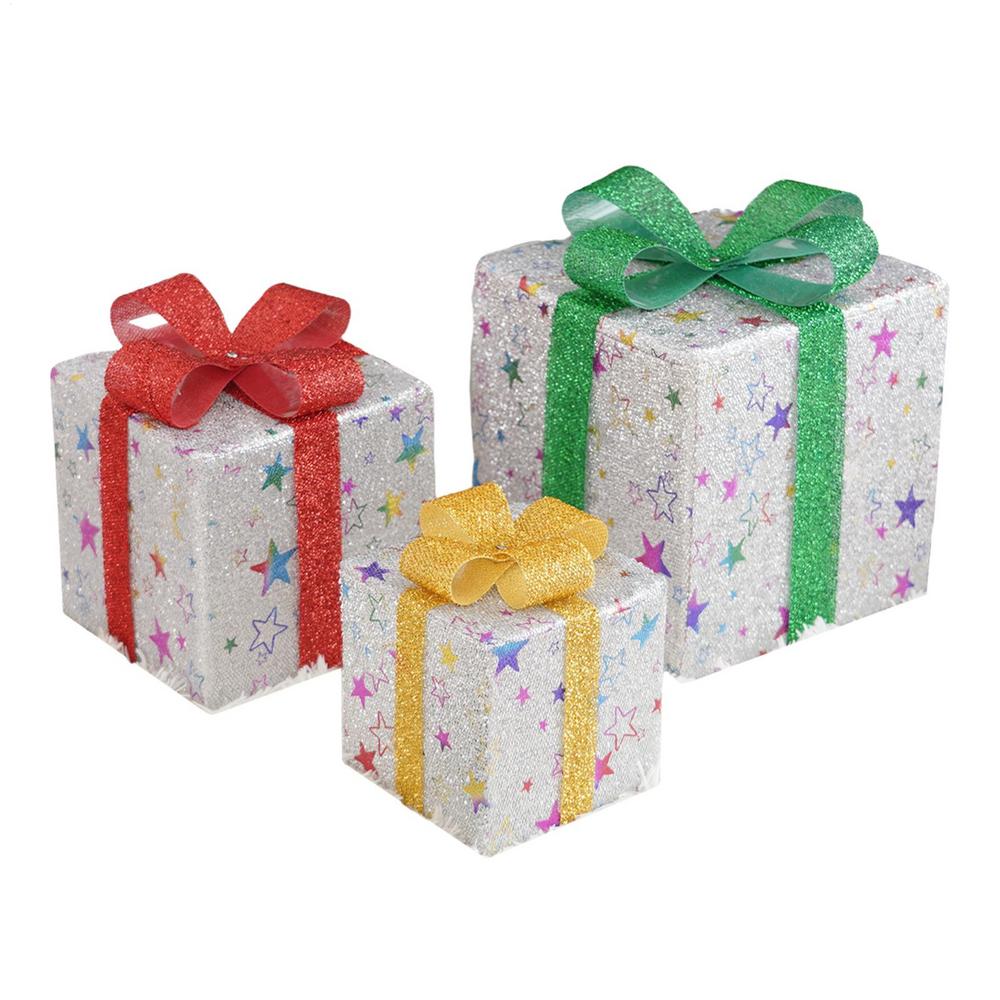 

Christmas Box Decorations Christmas Boxes Decor With LED Light 3 Pieces Battery Operated Ornaments Seasonal Display For Winter