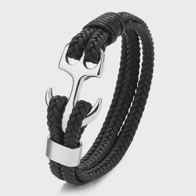 Bracciale da uomo retrò in acciaio inossidabile a più strati in pelle con ancora
