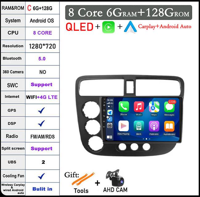 9 Lnch For Honda Civic 7 2000-2006 QLED Android 14 Car Radio Multimedia Video Player GPS AI Voice 4G CarPlay Head Unit Stereo