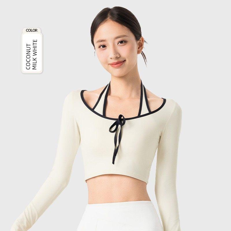 Export Fake Two-Piece Halterneck Long-Sleeved Fixed Cup Short Sports Tops Contrast Color Binding Easiest for Match Fitness Yoga Wear Women