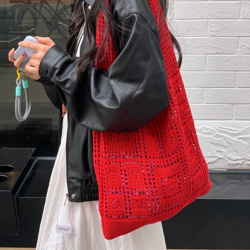 Fashion Crochet Tote Bags for Women's Mesh Hollow Out Knitted Casual Shoulder Bag Ladies Shopping Bag Top-Handle Bags Handbags