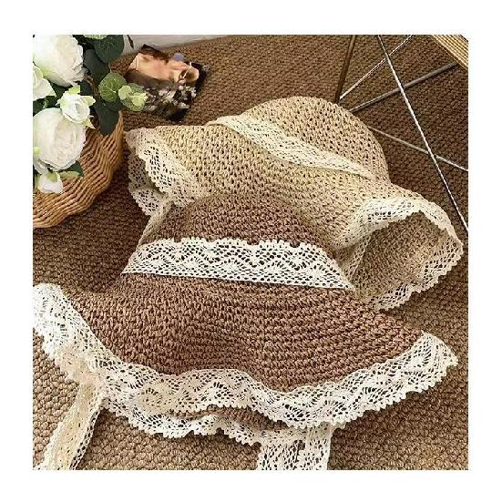 New Summer Large Brim Sun Protection Hat with Lace Trim, Hollow Design, Foldable, UV Protection, Beach Sun Hat