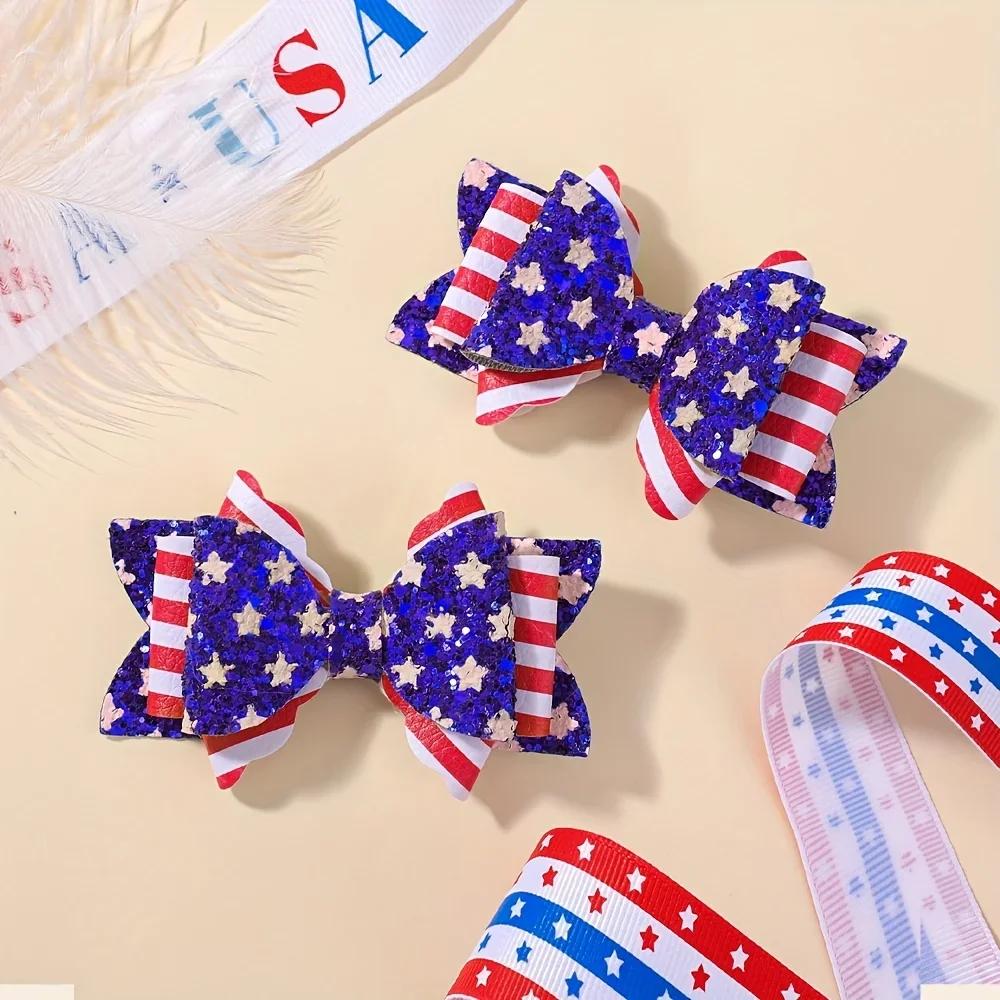 2pcs Independence Day Hair Bows Clips for Kid Girls Glitter Star Barrettes Hairpin Party Headwear Children Hair Accessories