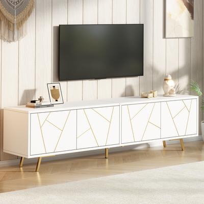 190 X 40 X 51.5 Cm TV Cabinet with 4 Cabinet Doors, Lowboard with 5 Metal Legs, Suitable for TVs with Approx. 85 Inch Screen Diagonal, White-Gold