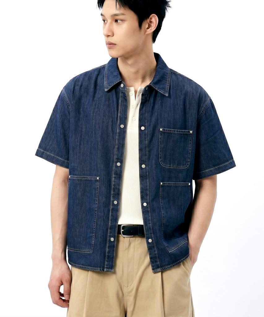 UNDEROFF Oversized Pocket Denim Short Sleeve Shirt Indigo