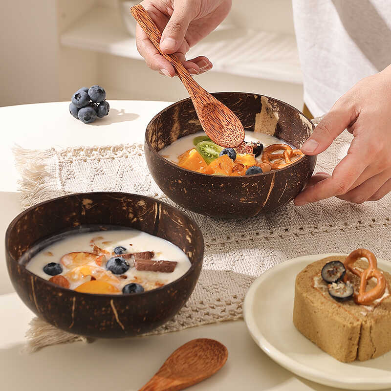 Natural Coconut Shell Bowl,Wooden Spoon and Bowl Set,Yogurt Bowl Fruit Salad Milkshake Kitchen Tableware