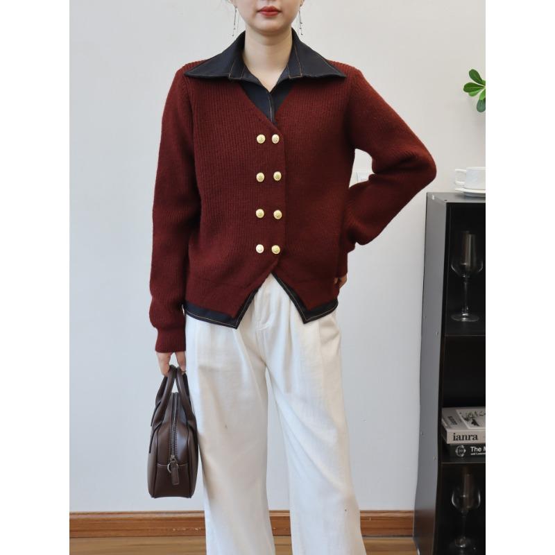 

Джинсовый кардиган с эффектом двухслойности, вязаный, осенне-зимний, новый дизайн, контрастный цвет, лацканы, свитер-жакет женский One size