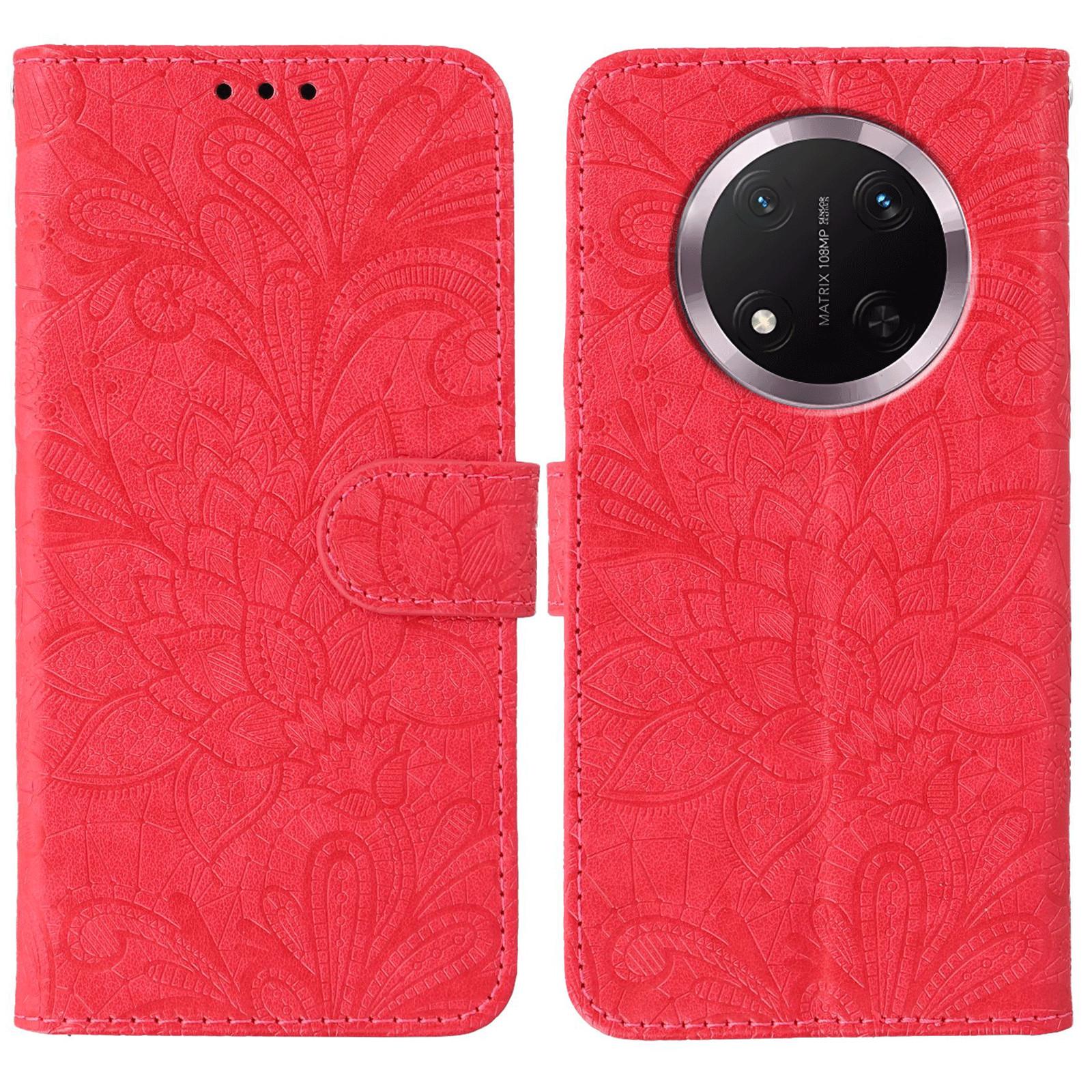

For Honor Magic7 Lite 5G/X60 Pro 5G/X9c 5G Case Lace Flowers PU Leather Flip Wallet Phone Cover Red