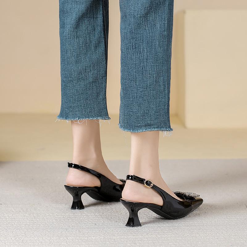 Baotou back empty sandals summer fashion 2025 new patent leather French square head single shoes rhinestone high heels stiletto