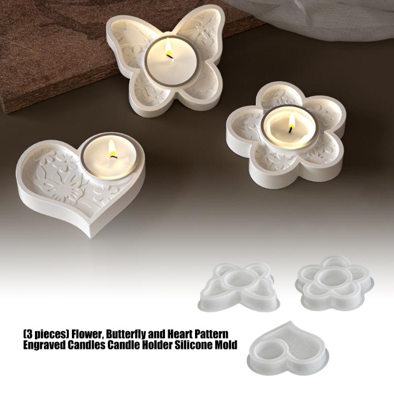 Pack of 3 Decorative Silicone Candle Mould Containing Beautiful Flower Butterfly and Heart Pattern for Home Decoration