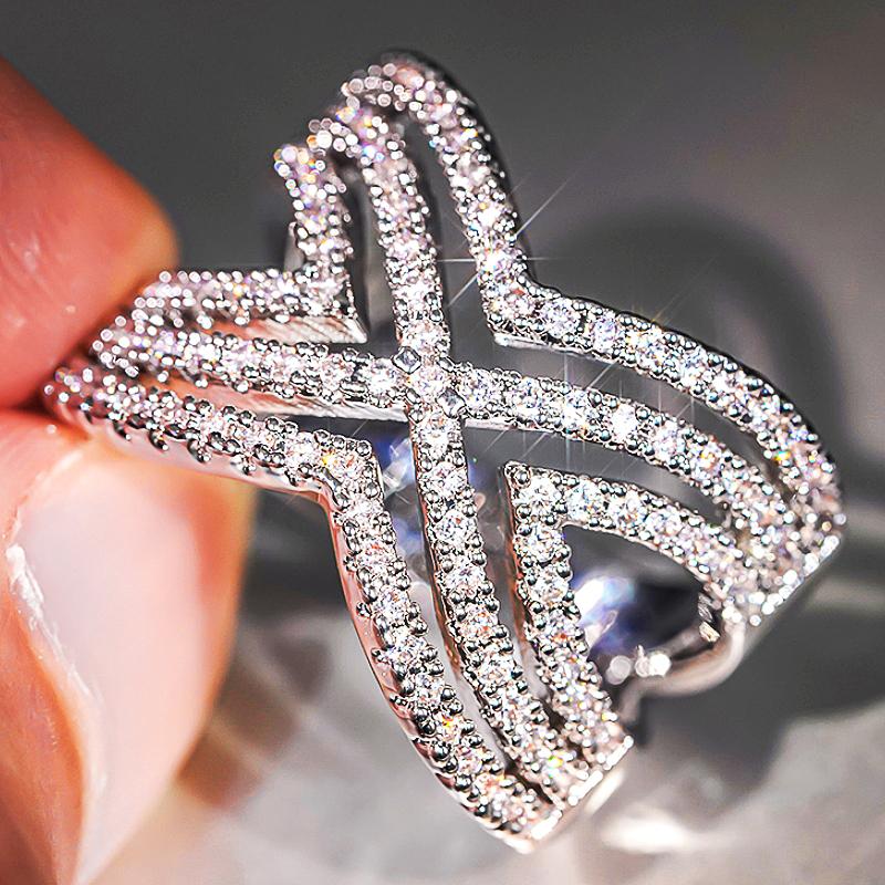 Gorgeous Cross Ring Female Brilliant Cubic Zirconia Silver Color Finger Jewelry Luxury Wide Accessories for Daily Party
