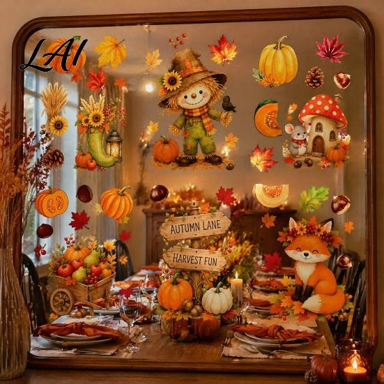 Seasonal Window Decals for Stores 6 Sheets Autumn Harvest Stickers Thanksgiving Cartoon Static Cling Decorations with Party Pumpkins Maple