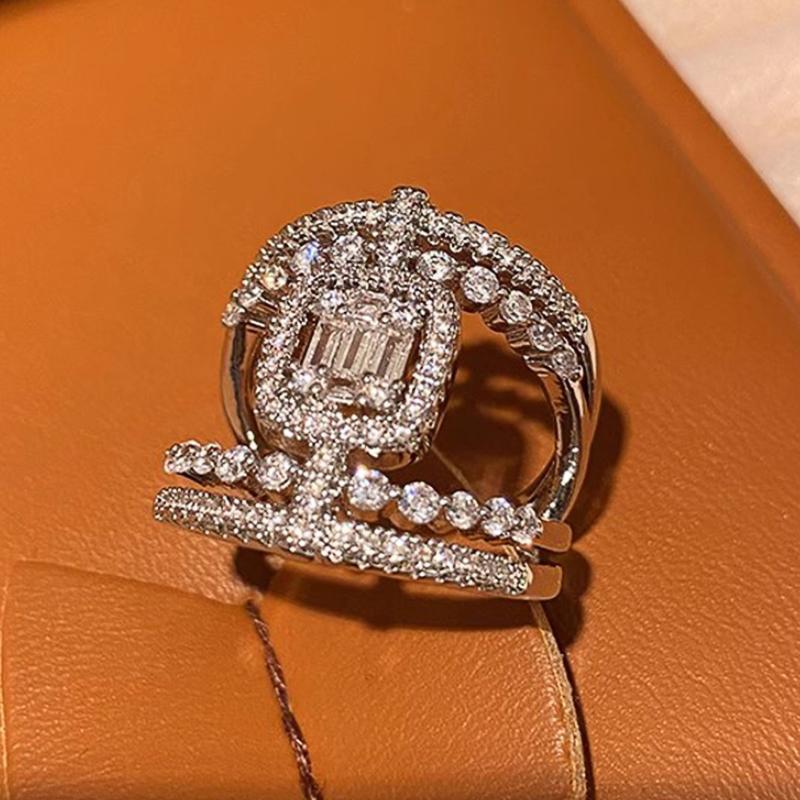Gorgeous Wide Ring Female Silver Color Brilliant CZ Finger Jewelry for Wedding Party Luxury Women Anniversary Accessories
