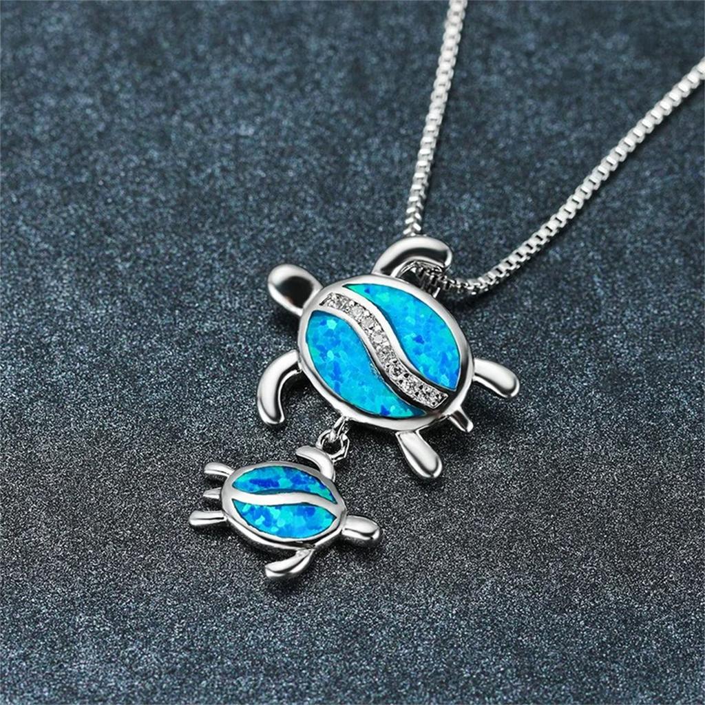 Bohemia Charm Turtle Pendant Necklace For Women Inlay Crystal Blue Imitation Opal Necklace Jewelry Gift for Her