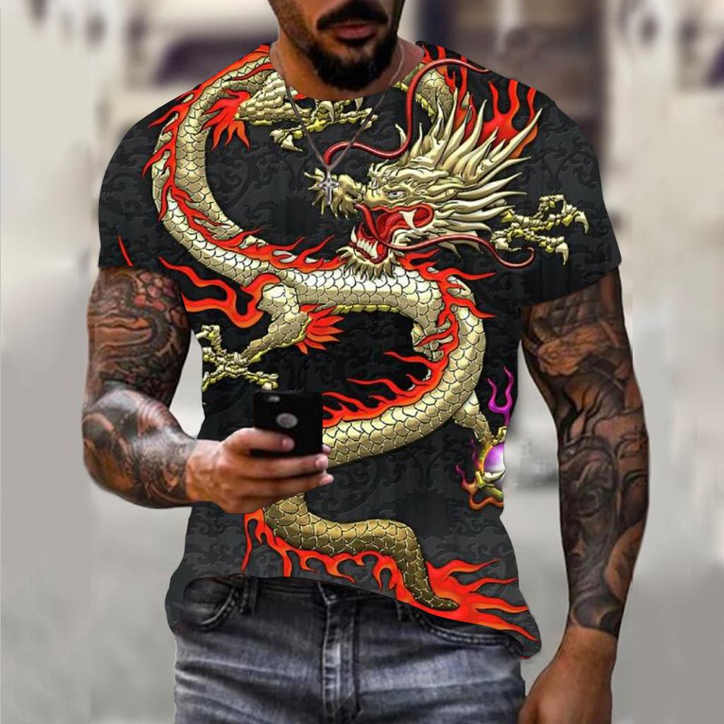 Summer Round Neck 3D Dragon Print Top Fashionable Casual Short Sleeved Men's T-shirts