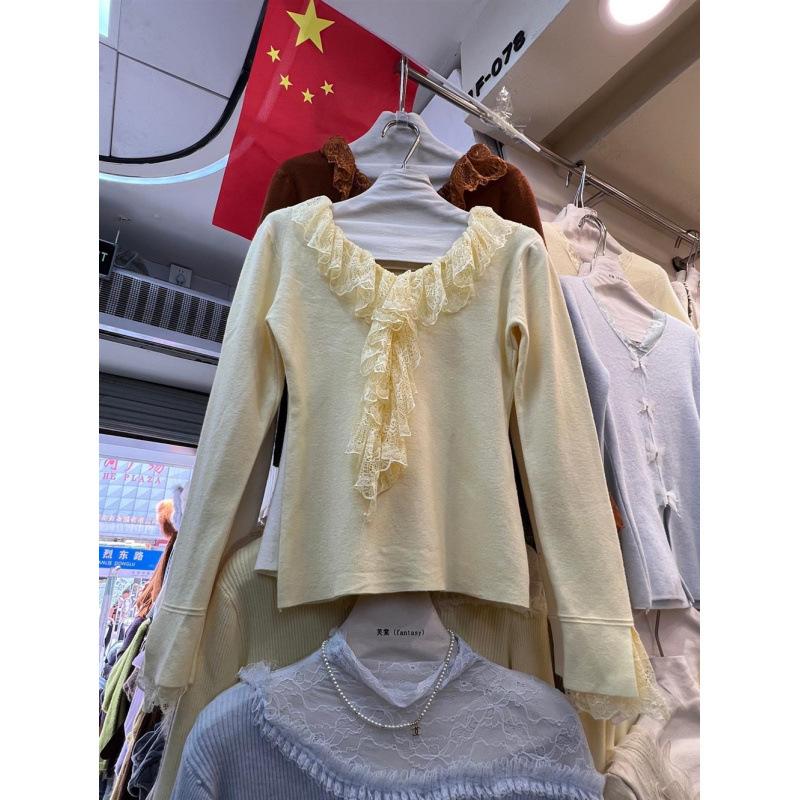 Korean Lace Lace Splicing Collar Knitted Winter Foreign Look Thin Sweet Versatile Bottoming Shirt Knitted Sweater Top