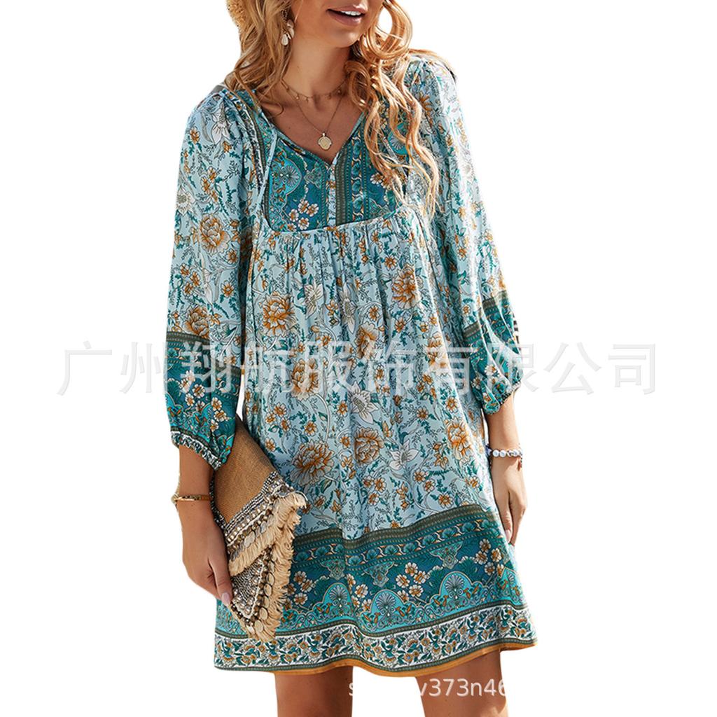 Lente Hot Dames Boheemse Print Jurk Lange Mouwen V-hals Vetersluiting A-lijn Jurken