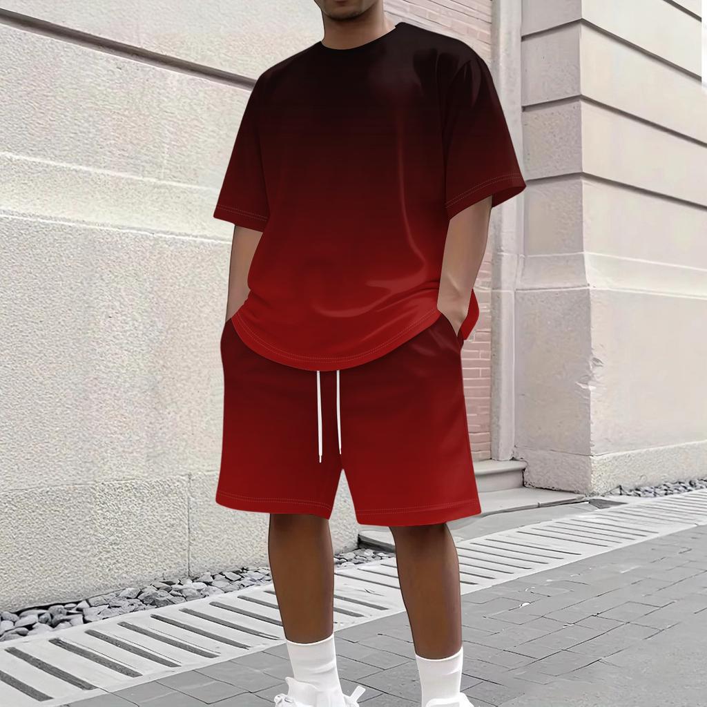 Men's Gradient Print Casual Short Sleeve Crew Neck Top with Matching Shorts Set Summer Outfit Comfortable Fit Lightweight Fabric