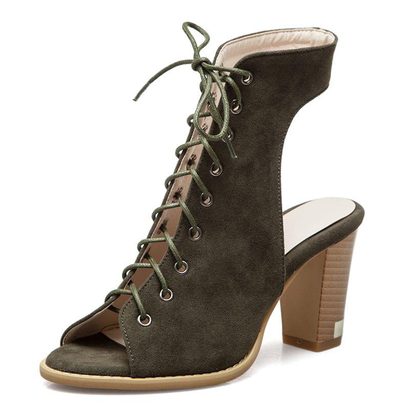 Brand Retro Women Sandals Flock Suede Peep Toe Chunky Heels 5cm Lace Up Big Size 48 49 50 Fashion Dating Female Shoes
