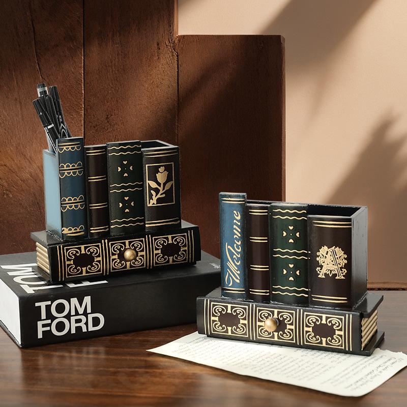 American Retro Wooden Pen Holder: Multi-functional Fake Book Desktop Storage Box and Home Study Ornament.