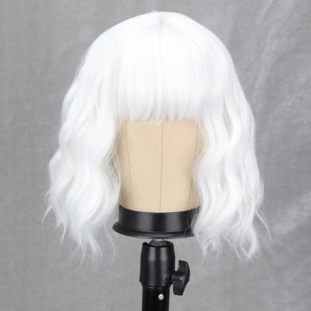 MISS WIG Women Fashion Short Wavy Wig with Bangs Synthetic Fiber Pure White Wavy Wig Cosplay Halloween Party Wear