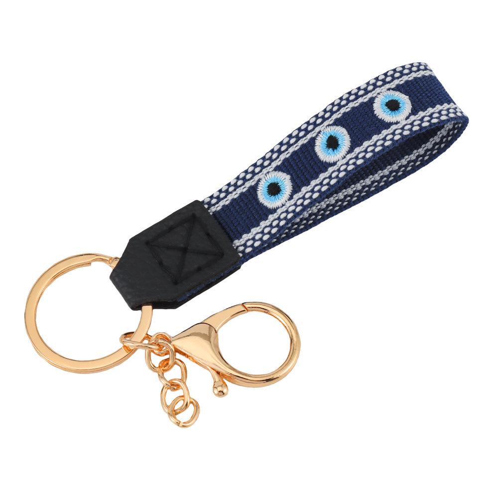 Handmade Blue Evil Eye Embroidered Leather Keychain for Women