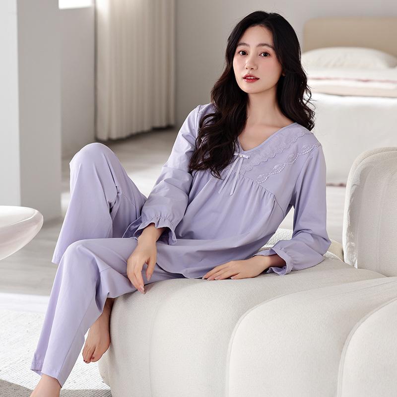 Women'S Pajamas With Chest Pads, Spring And Autumn Cotton Long-Sleeved Suits Can Be Worn Outside Pullover Loungewear