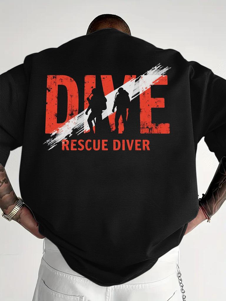 Dive Rescue Diver Distressed Silhouette Back Graphic T-Shirt Casual Loose Scuba Diving Theme Tee