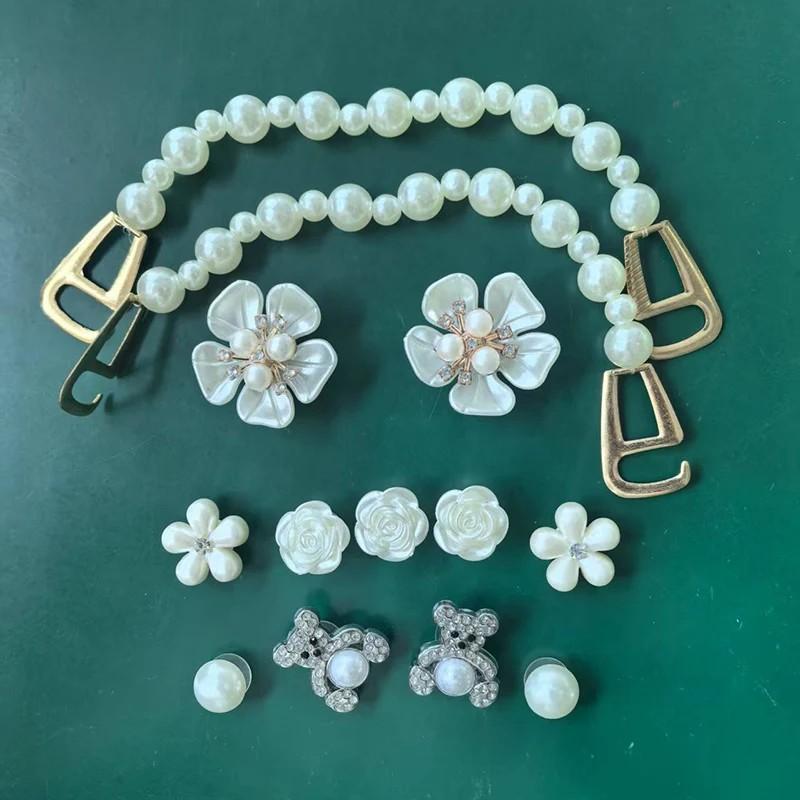 

13pcs Shiny Crystal Bear Shoe Charm Set DIY Detachable Pearl Chain Sandals Accessories Fashion Flower Decor Shoe Decorations