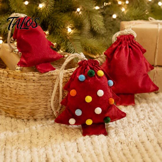 Christmas Tree Pendants Shaped Gift Bag, Reusable Drawstring Treat Goody Bags with Pompoms Decorative Party Favor Bells, Winter Present Wrapping Sack