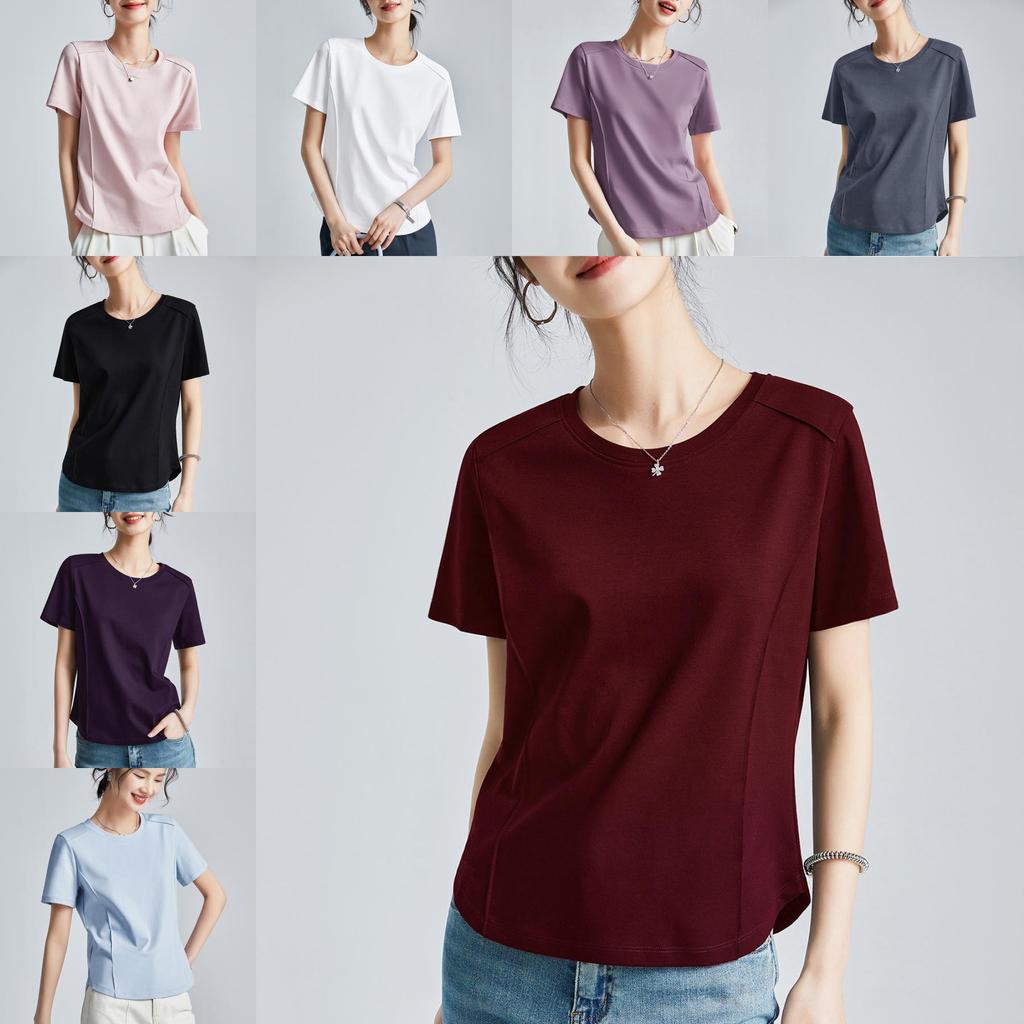 Camiseta de Manga Corta de Algodón y Seda para Mujer con Diseño de Empalme para Estilo Urbano Casual