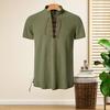 Men Band Collar Short Sleeve Shirt Casual Beach Solid Color Top Tee with Straps Summer Shirts for Daily Vacation Work