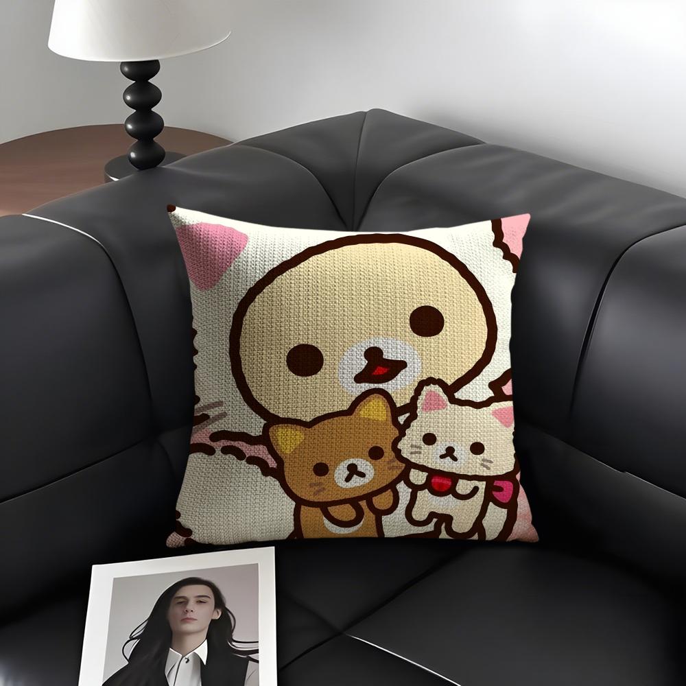 RRilakkuma Cartoon Cushion Cover Natural Linen Organic Fabric DoubleSided Printing Sofa Home Decor Gift Pillow Case