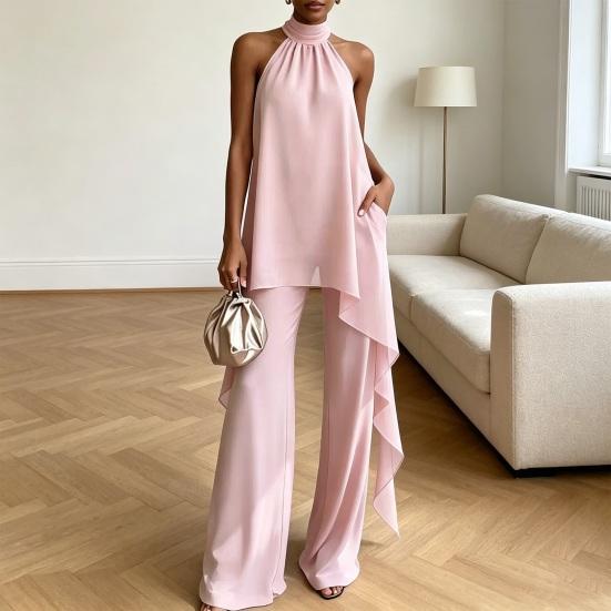 Yousheng Women's Chiffon 2 Piece Sets, Asymmetrical Halter Sleeveless Tops with Wide Leg Pants Summer Outfits, Casual Vacation Lounge Matching Set
