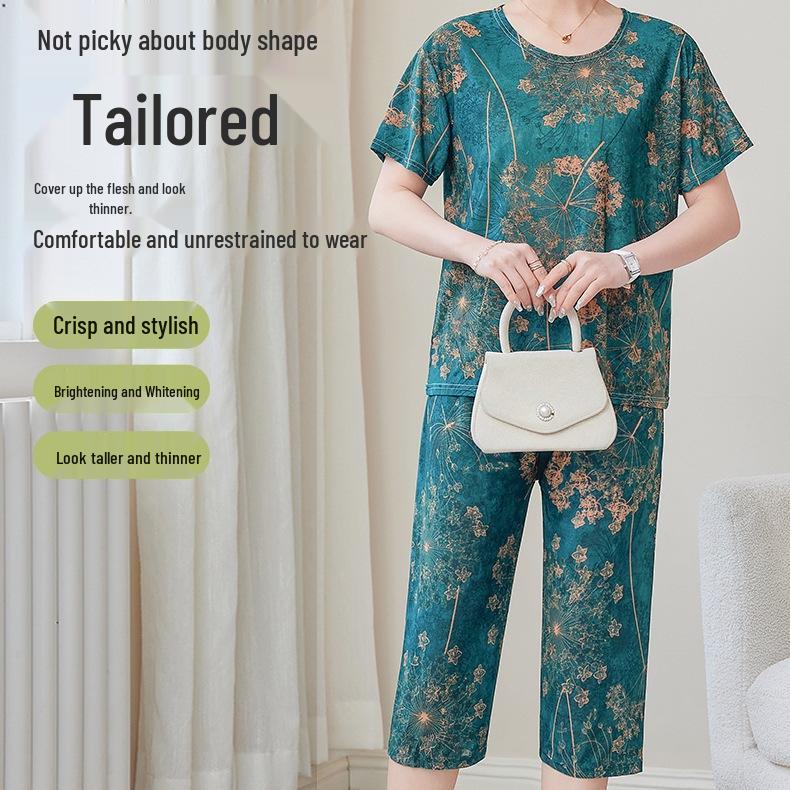 Stylish Ice Silk Two-Piece Summer Set for Middle-Aged Women: Loose, Casual Short Sleeve Suit