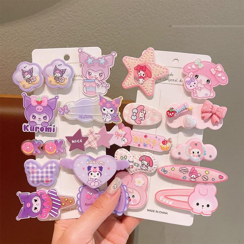 10Pcs Hellokitty Cute Headwear Children'S Acrylic Hair Clip For Girls Kuromi Forehead Hair Clip Melody Bangs Clips