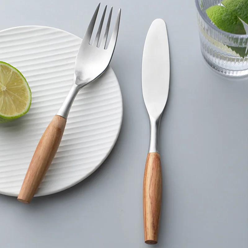 3/5Pcs 304 Stainless Steel Cutlery Set Wooden Handle Dinner Fork Knife Flatware Dinnerware Tableware