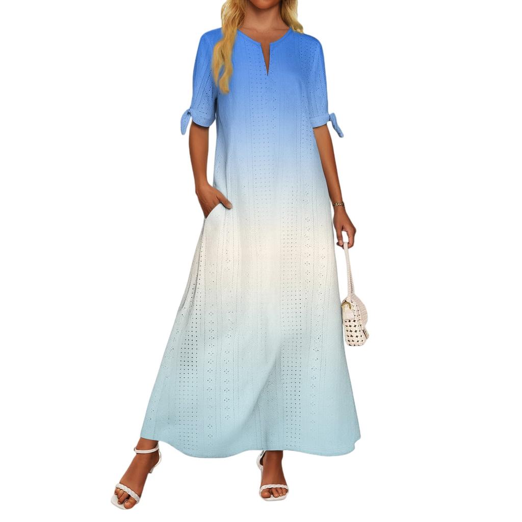 Ladies Casual Fashion Temperament Elegant Waist Gradient Color Print Long Dress