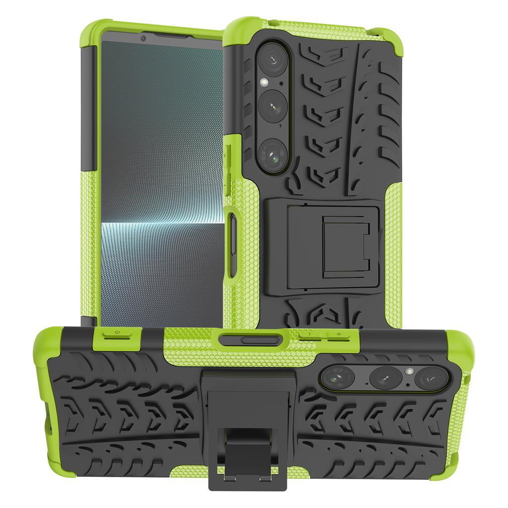 For Sony Xperia 1 V Tyre Pattern PC+TPU Phone Case Kickstand Shockproof Cell Phone Cover