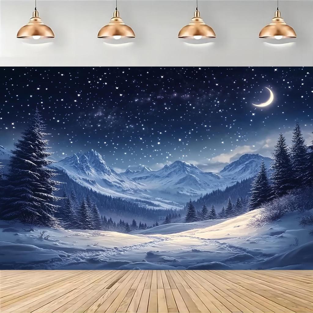 Starry Winter Mountain Landscape Tapestry: Serene Snowy Night-Themed Wall Hanging for Home Decor