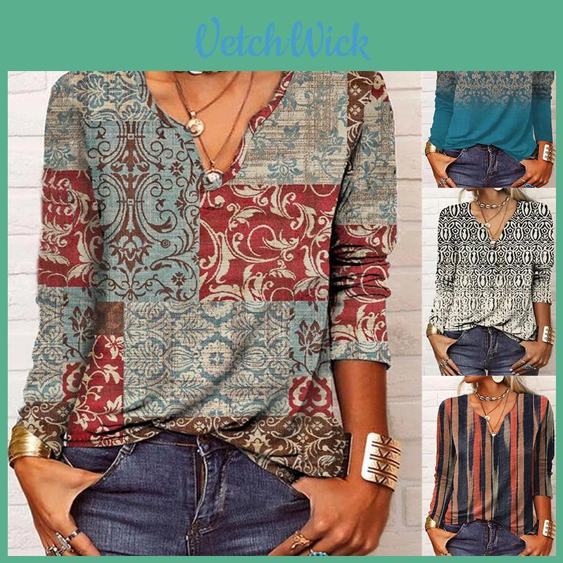 Wish Winter Women Long Sleeve Floral V Neck T Shirt With Digital Print For Casual Wear