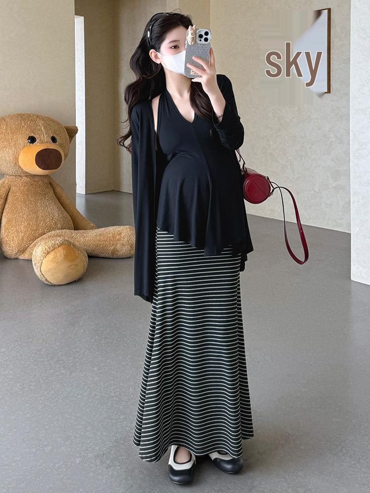 Spring/Summer 2026 Maternity Cardigan Vest & Striped Knit Slimming Midi Skirt Set M