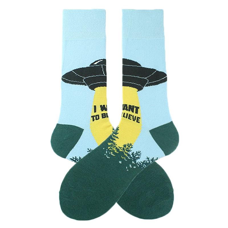 Happy Funny Unisex Painting UFO Astronaut Outer Space Rocket Men Crew Socks Male Boys Streetwear Cotton Causal Skateboard Sox