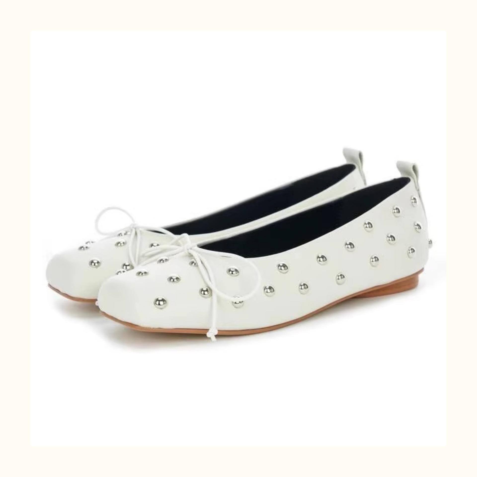 

Sheepskin version~ niche square head temperament flat bottom rivet one pedal round head bow light mouth ballet shoes women s single shoes 40 белый