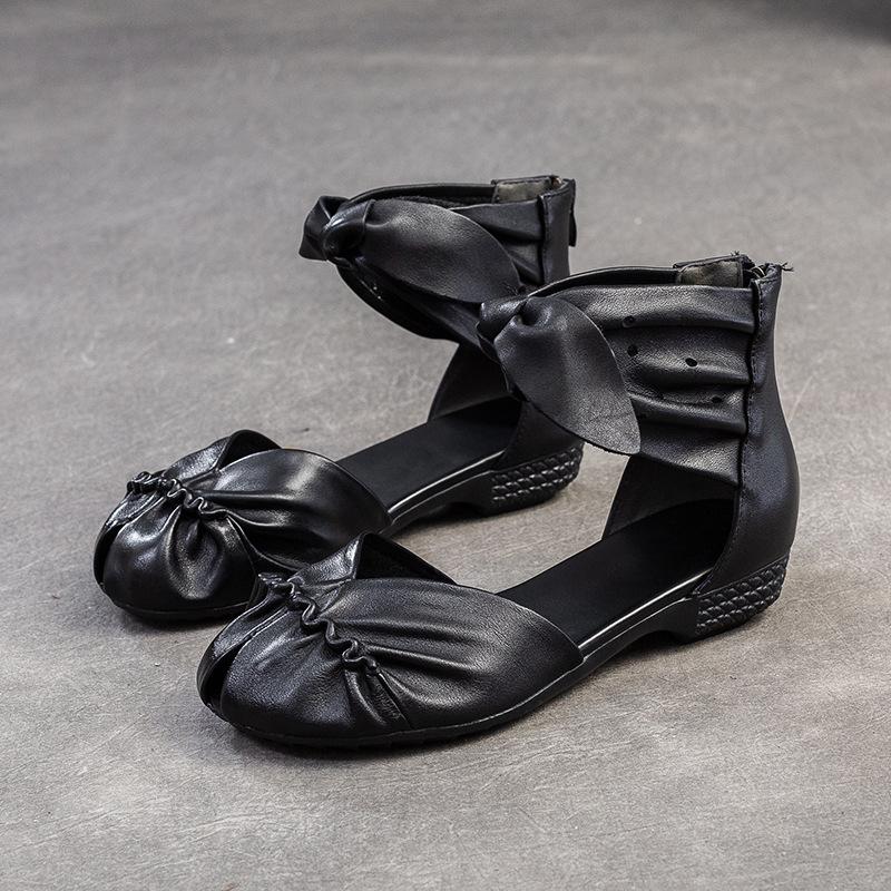 Johnature Genuine Leather Comfortable Breathable Sandals Peep Toe Low Heel Versatile Retro Women's Shoes