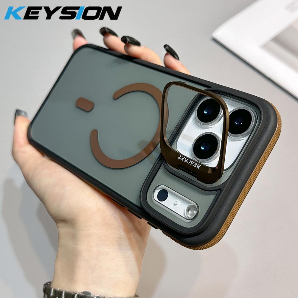 KEYSION Transparent Magnetic Lens Stand Case for MagSafe for iPhone 17 Pro Max Air TPU+PC Color Blocking Shockproof Phone Cover