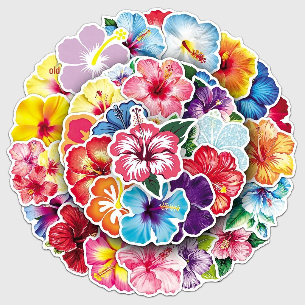 50 Tropical Hibiscus Flower Stickers - Waterproof Colorful Decorations for Water Bottles
