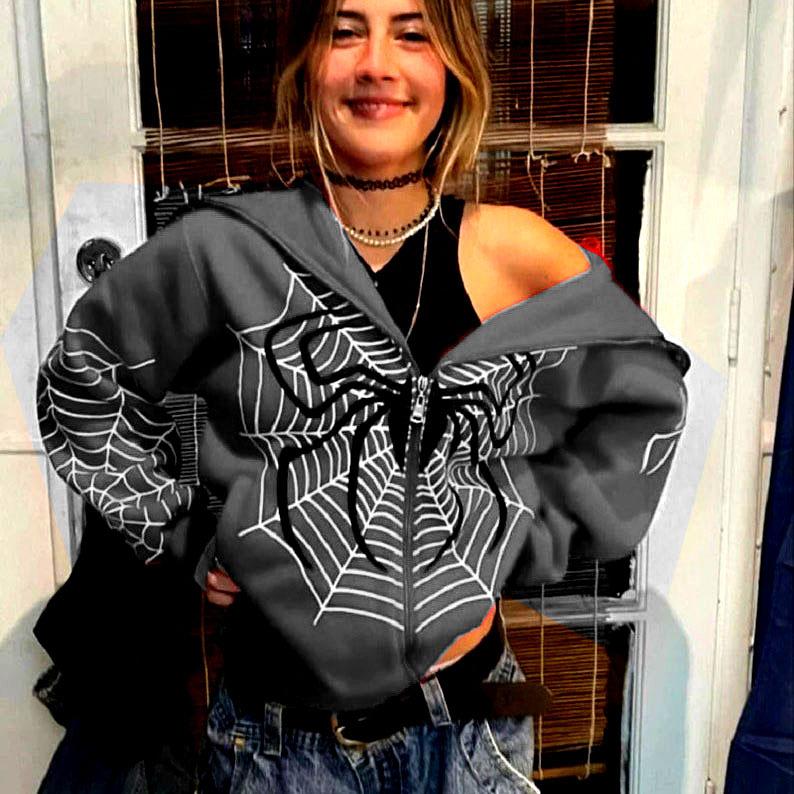 Women S Casual Hooded Zipper Sweatshirt Spider Web Spring Autumn
